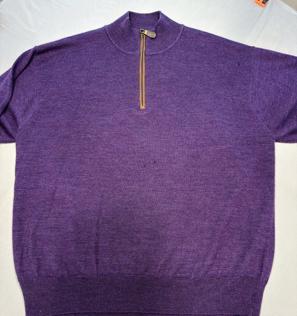 Orvis Men's Purple Merino Wool Quarter Zip Sweater Leather Trim Fly Fishing